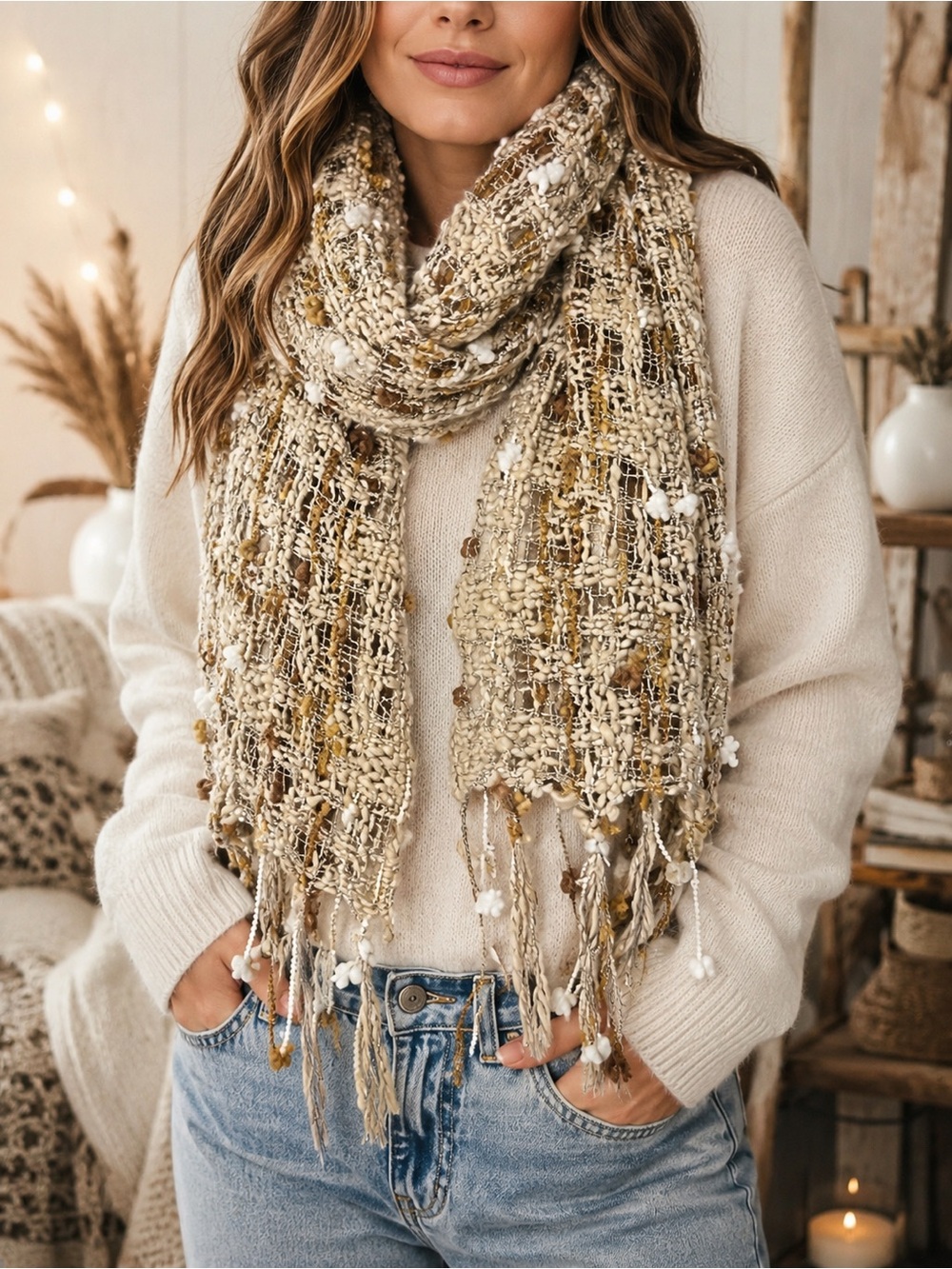 Indigo Soul Chunky Textured Fringe Scarf Cream Gold Boho Oversized Wrap